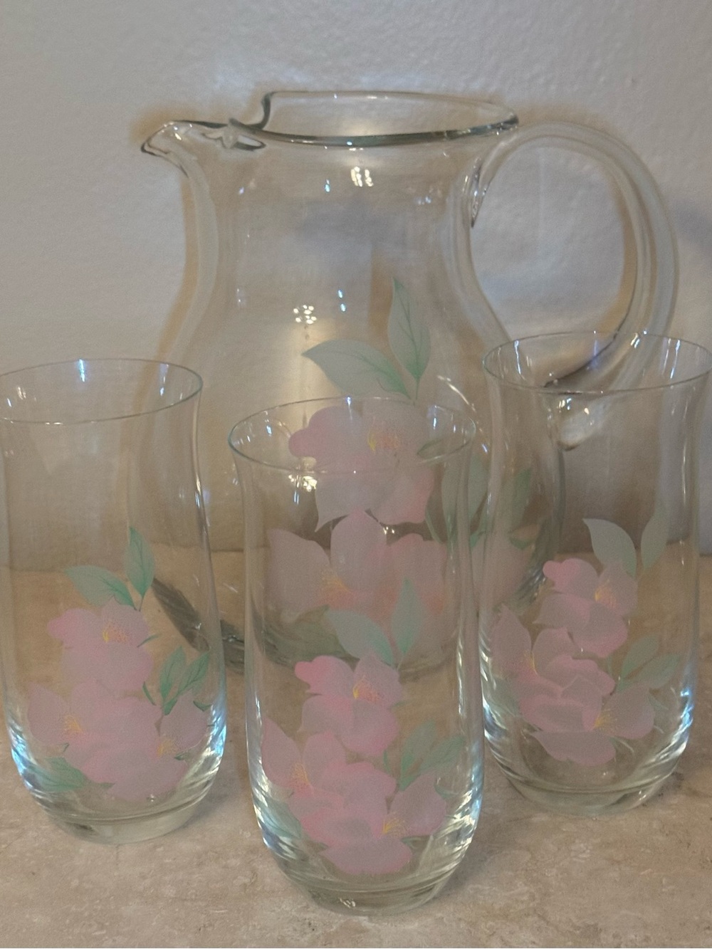 Pasabahce Turkey 49Oz. Pitcher and 3/16 Oz. Tumblers Pink Floral Decoration.